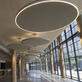 1200mm x 1200mm round acoustic panel with perimeter lighting to control echo problems