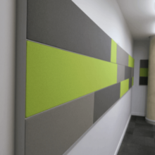 multiple acoustic panels joined together in corporate colours
