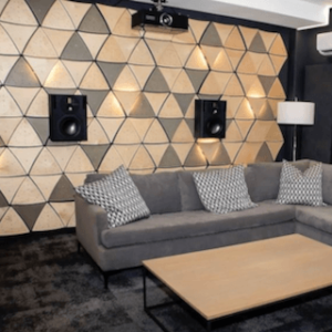 Acoustic timber diffuser wall installed in home cinema showroom in Johannesburg.