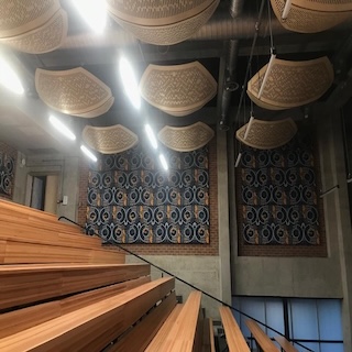 University of Zululand lecture theatre auditorium featuring customized acoustic panels and hanging diffusor units